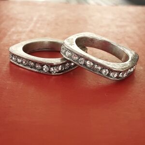 Pair Vintage Rhinestone Studded Rings, Square Silverplate Setting, Size 6.5
